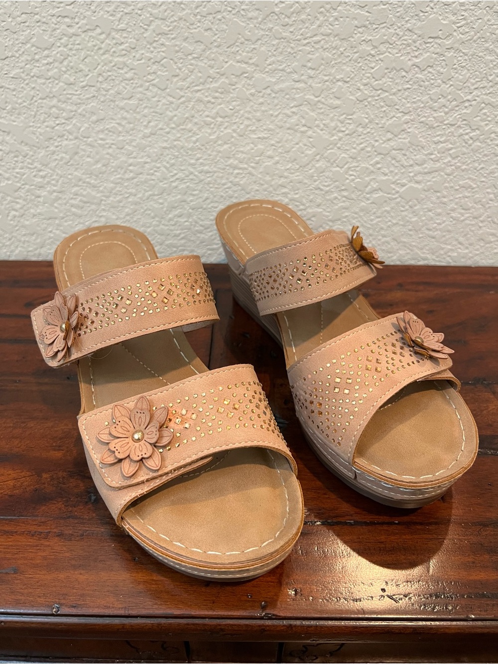 Women’s Beige Floral Wedge Sandals - Comfortable Slip-On